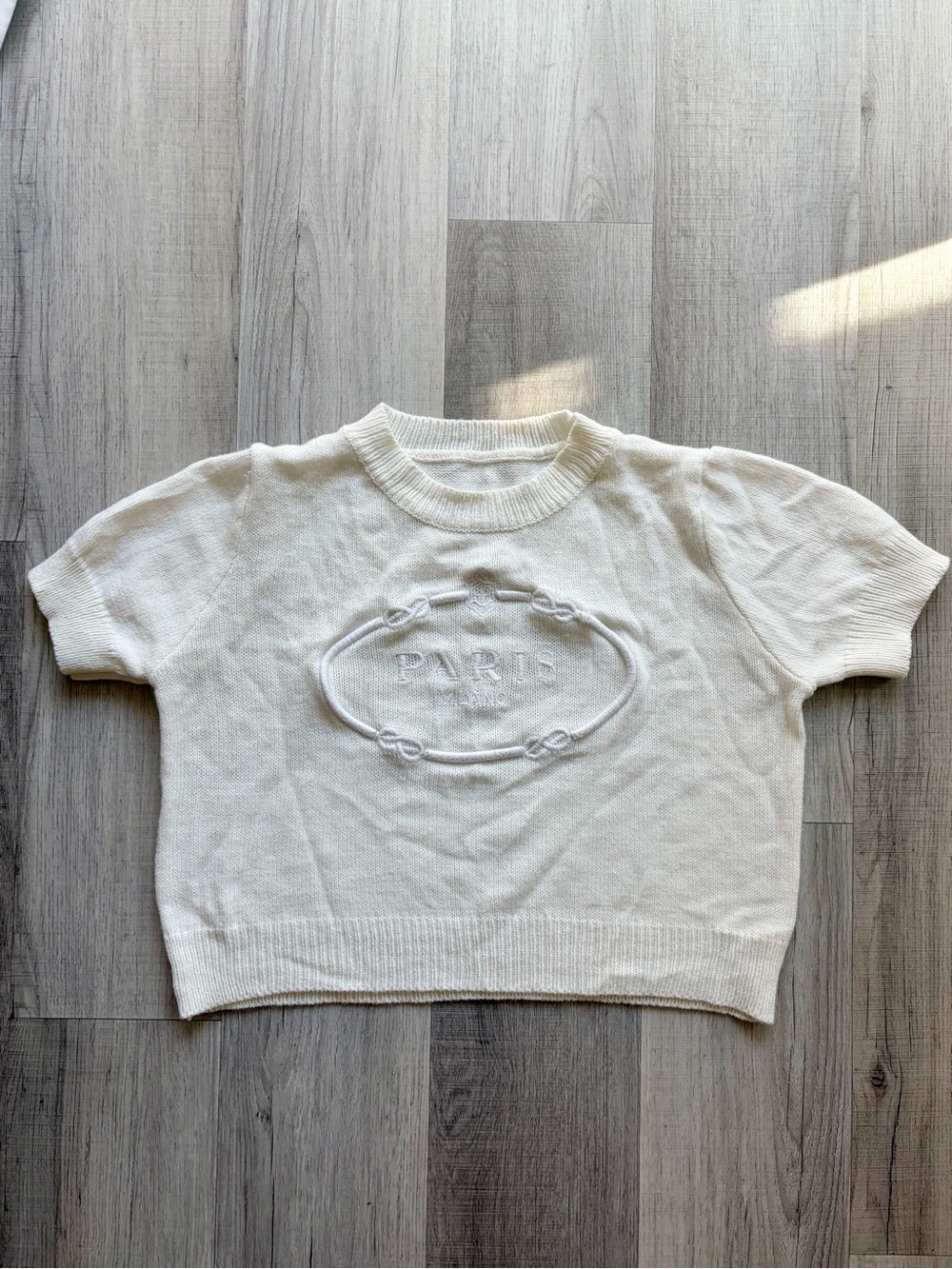 Cream Short-Sleeve Knit Sweater with Embossed Paris Detail